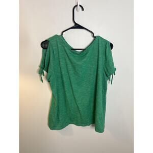 Talbots Shirt Wm LG Green Tie Sleeve Slub Knit Short Sleeve Chic